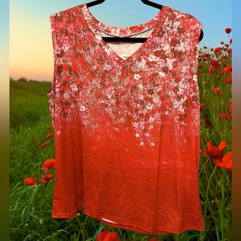 La mode sleeveless tank top shirt red floral blouse ladies size XL v-neck new